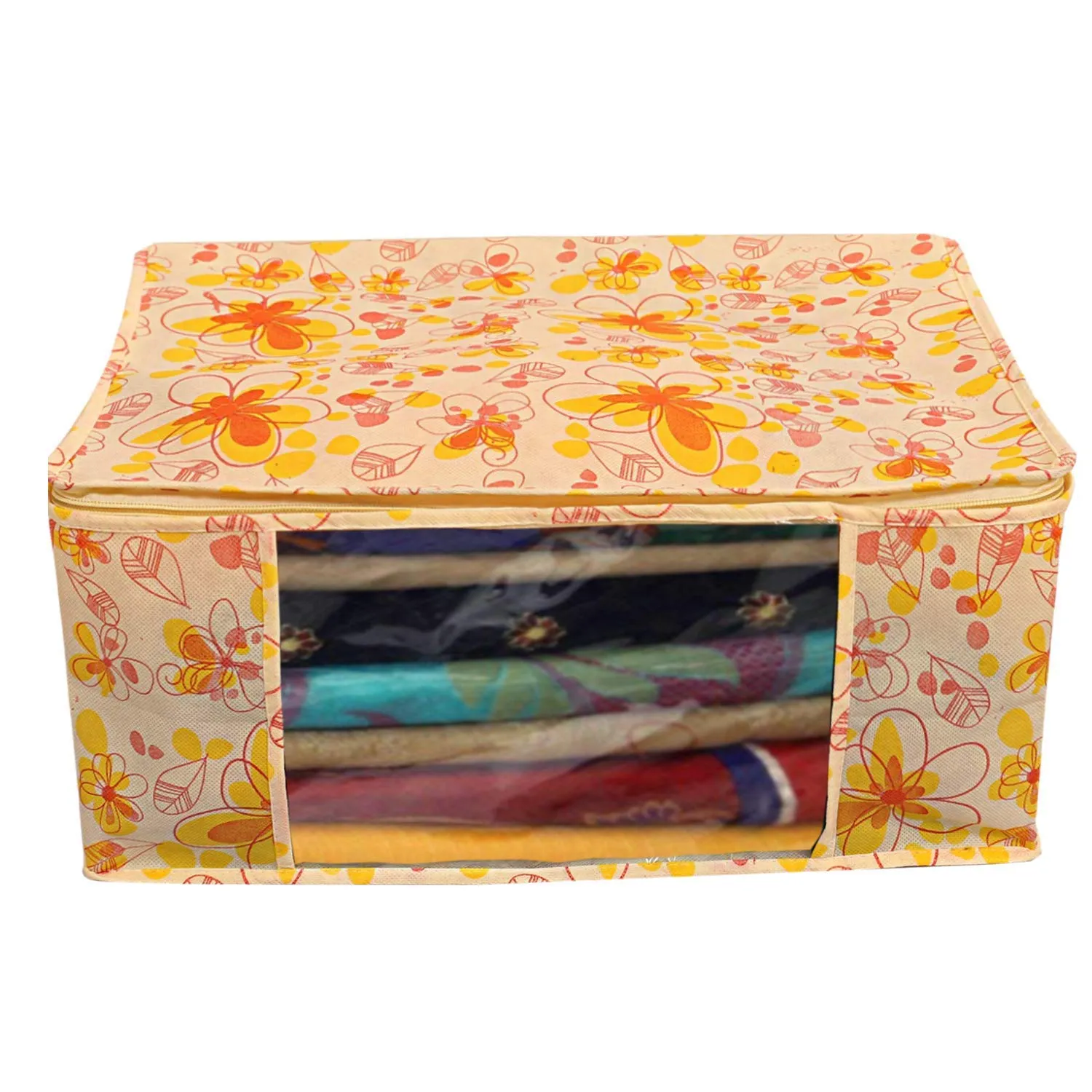 Kuber Industries Flower Printed Non Woven 2 Pieces Saree Cover and 2 Pieces Underbed Storage Bag, Cloth Organizer for Storage, Blanket Cover Combo Set (Ivory & Red) -CTKTC038631