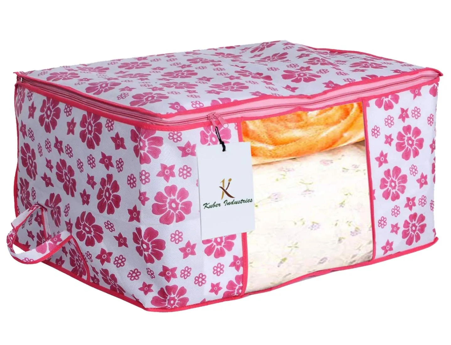 Kuber Industries Flower Printed Non Woven 6 Pieces Saree Cover And 6 Pieces Underbed Storage Bag, Cloth Organizer For Storage, Blanket Cover Combo Set (Pink) -CTKTC38618