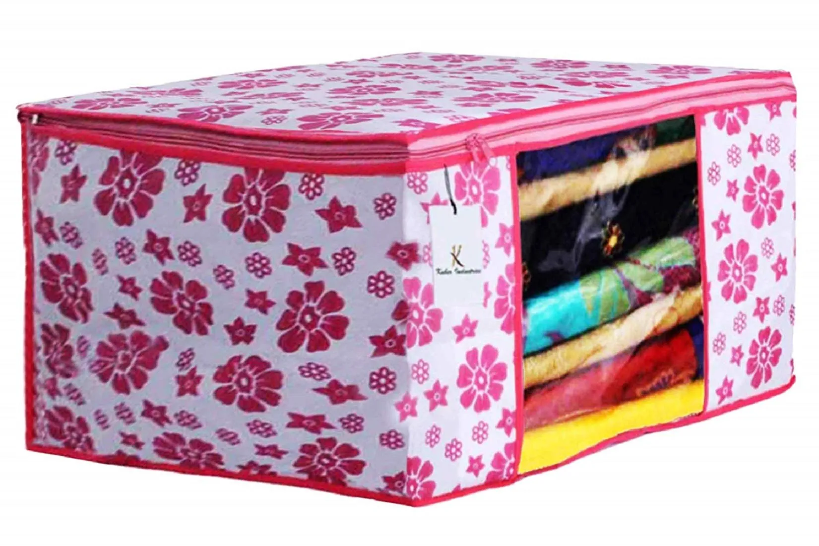 Kuber Industries Flower Printed Non Woven 6 Pieces Saree Cover And 6 Pieces Underbed Storage Bag, Cloth Organizer For Storage, Blanket Cover Combo Set (Pink) -CTKTC38618