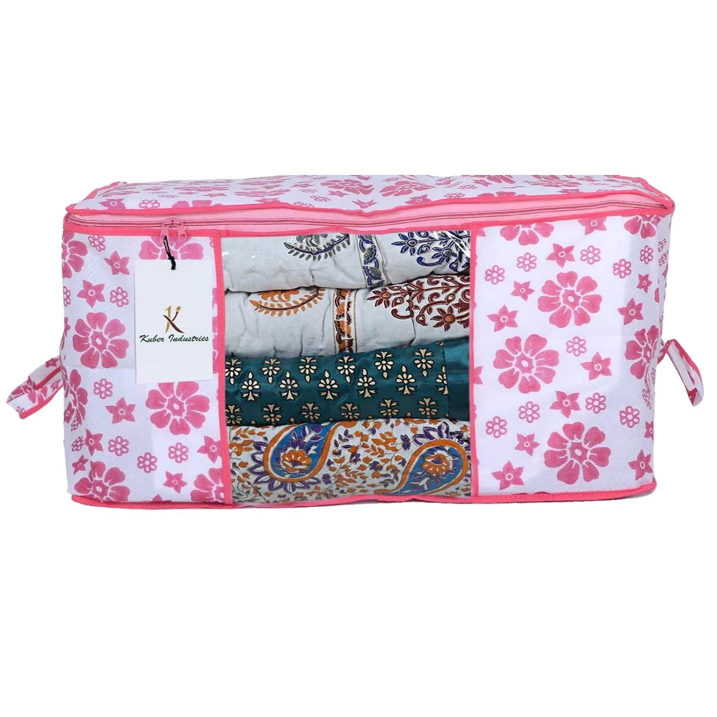 Kuber Industries Flower Printed Non Woven 6 Pieces Saree Cover And 6 Pieces Underbed Storage Bag, Cloth Organizer For Storage, Blanket Cover Combo Set (Pink) -CTKTC38618