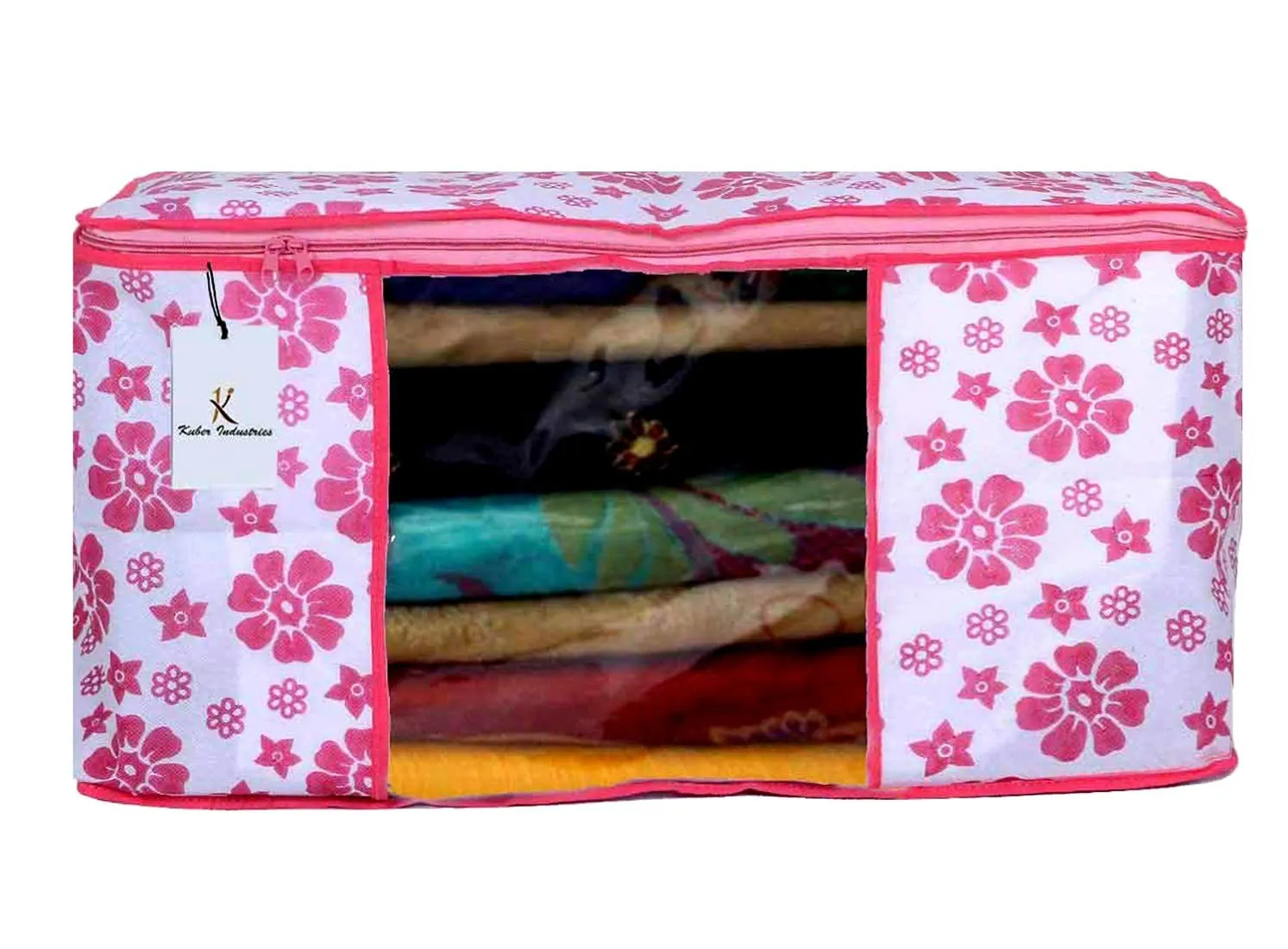 Kuber Industries Flower Printed Non Woven 6 Pieces Saree Cover And 6 Pieces Underbed Storage Bag, Cloth Organizer For Storage, Blanket Cover Combo Set (Pink) -CTKTC38618