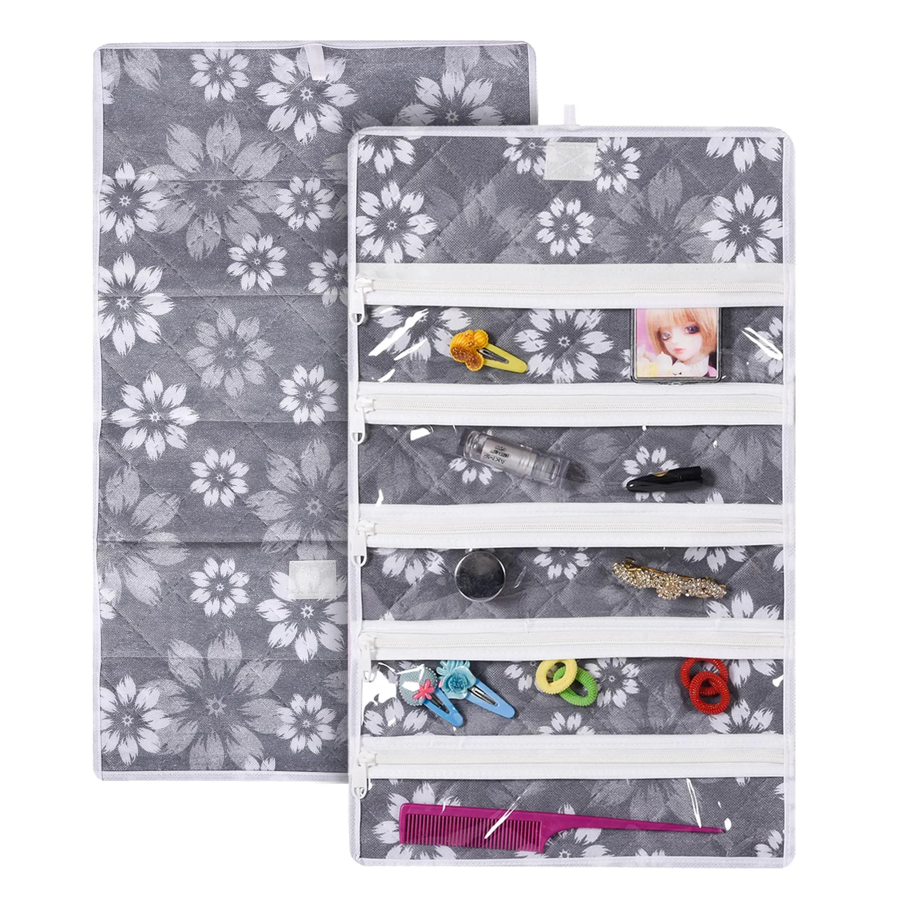 Kuber Industries Hanging Makeup Organizer | Waterproof Watches Organizer | 5 Pocket Jewellery Organizer | Cosmetic Organizer with Velcro | Foldable Payal Kit | Flower Quilted | Gray