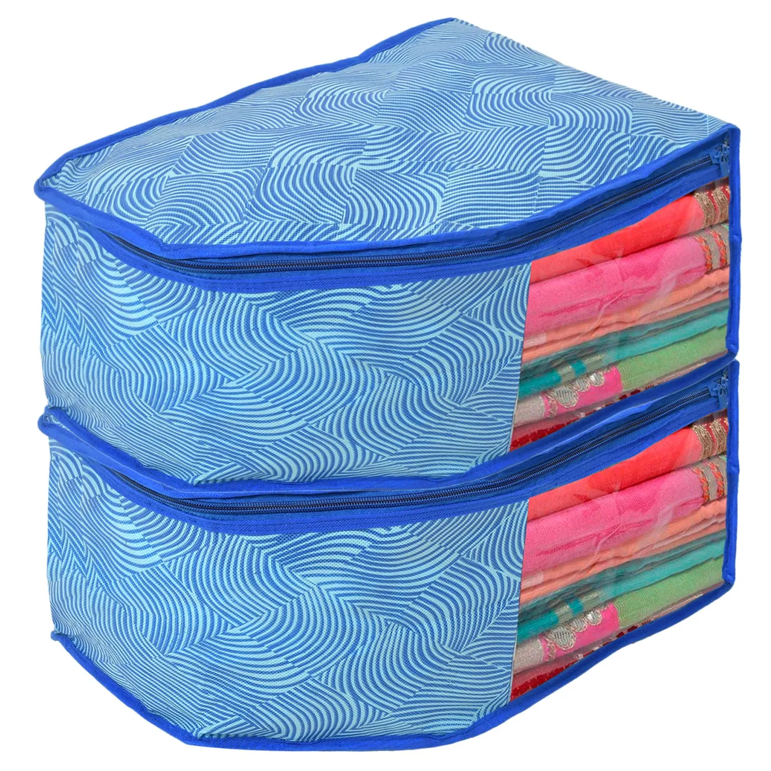 Kuber Industries Lahariya Printed Non-Woven Blouse Cover/Organizer With Front Window- Pack of 2 (Blue)-44KM0543