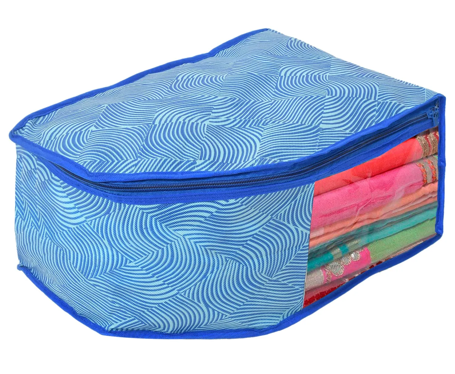 Kuber Industries Lahariya Printed Non-Woven Blouse Cover/Organizer With Front Window- Pack of 2 (Blue)-44KM0543