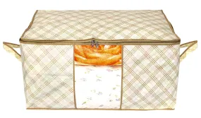 Kuber Industries Metalic Checkered Print Non Woven Underbed Storage Bag,Cloth Organiser,Blanket Cover with Transparent Window (Ivory)-KUBMART16581