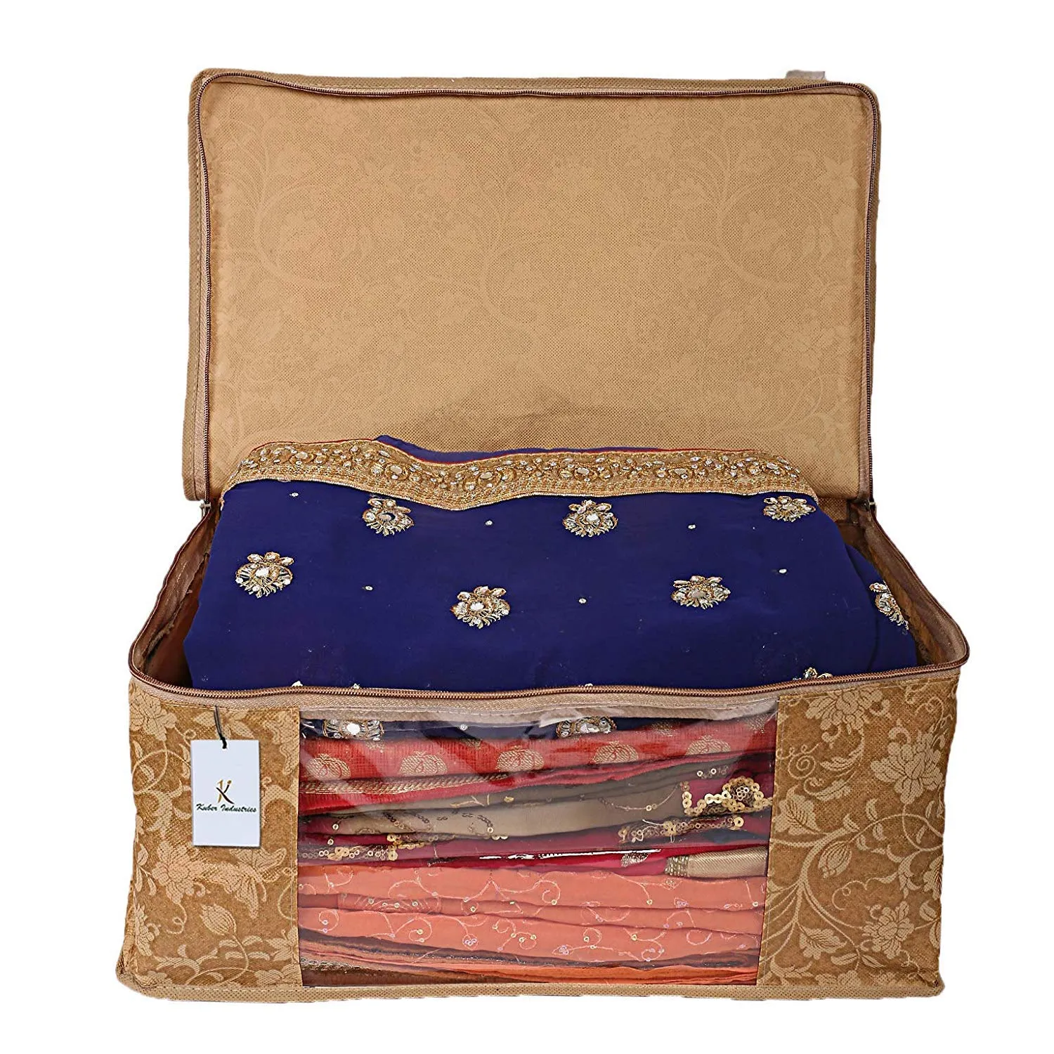 Kuber Industries Metallic Printed Non Woven 3 Pieces Saree Cover and 2 Pieces Underbed Storage Bag, Cloth Organizer for Storage, Blanket Cover Combo Set (Beige) -CTKTC038561