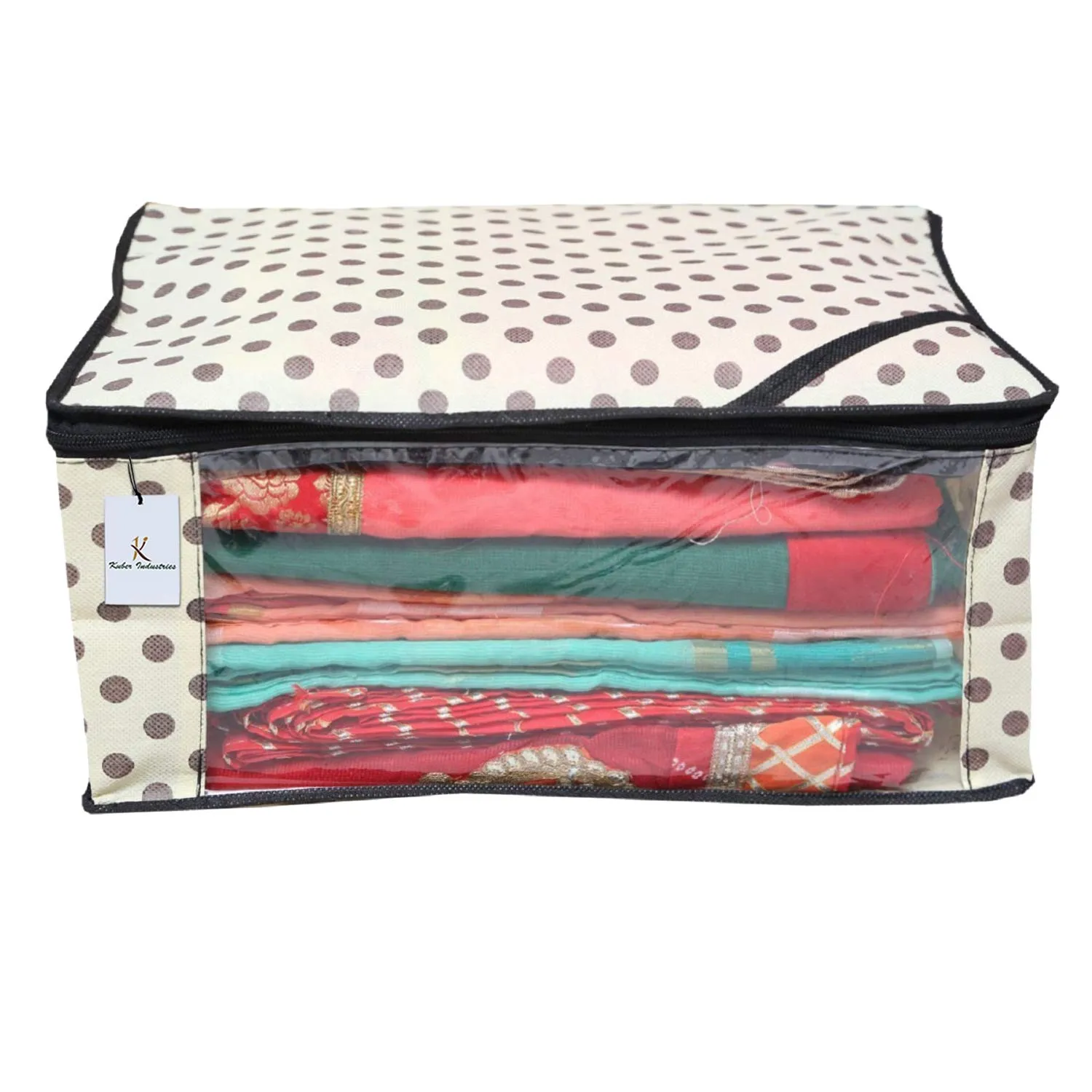 Kuber Industries Non-Woven Polka Dots Saree Cover/Regular Cloth Bag/Wardrobe Organizer Set Of 3 Pcs (Ivory)