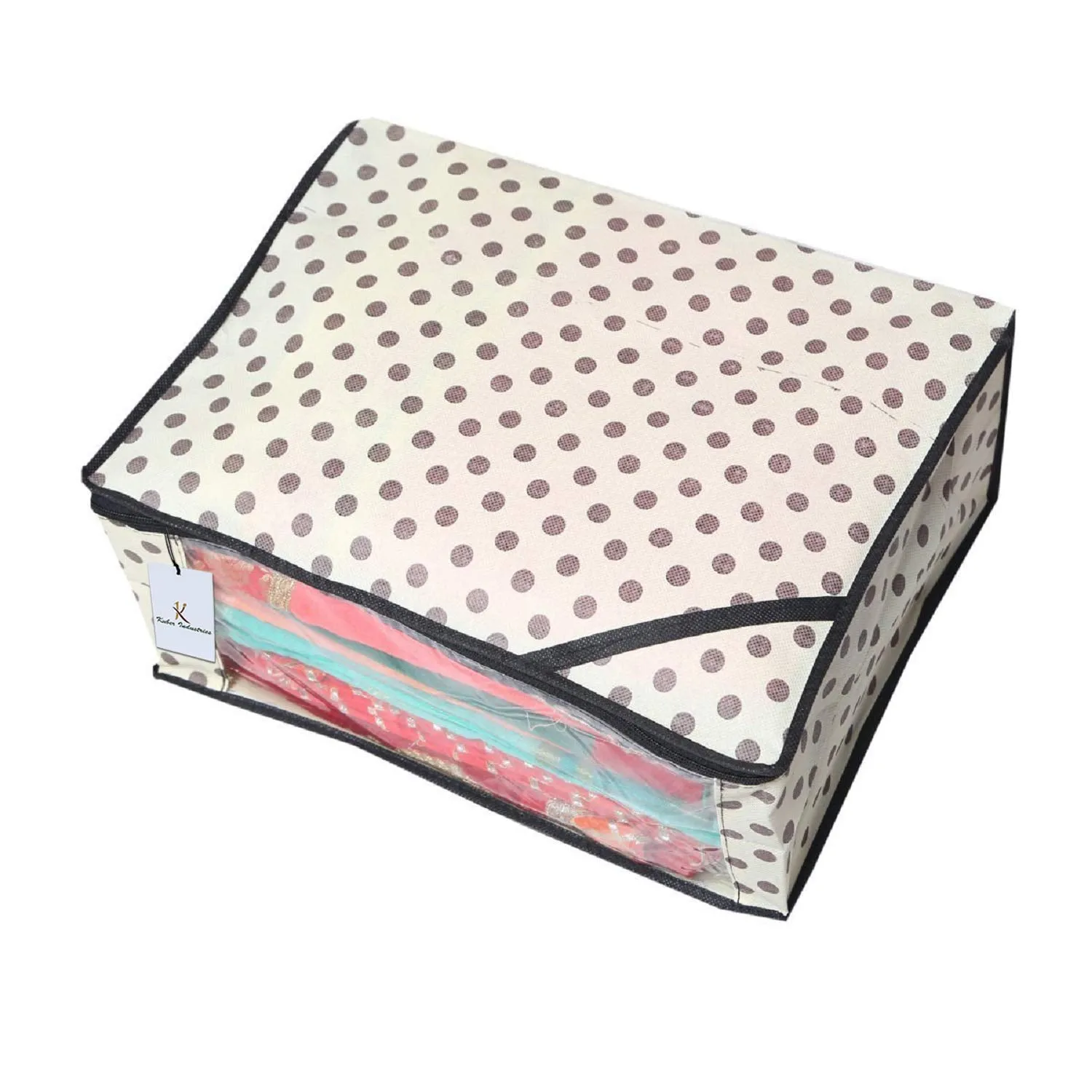 Kuber Industries Non-Woven Polka Dots Saree Cover/Regular Cloth Bag/Wardrobe Organizer Set Of 3 Pcs (Ivory)