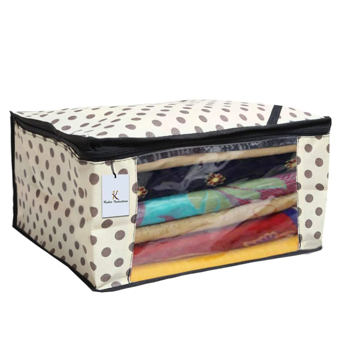 Kuber Industries Non-Woven Polka Dots Saree Cover/Regular Cloth Bag/Wardrobe Organizer Set Of 3 Pcs (Ivory)