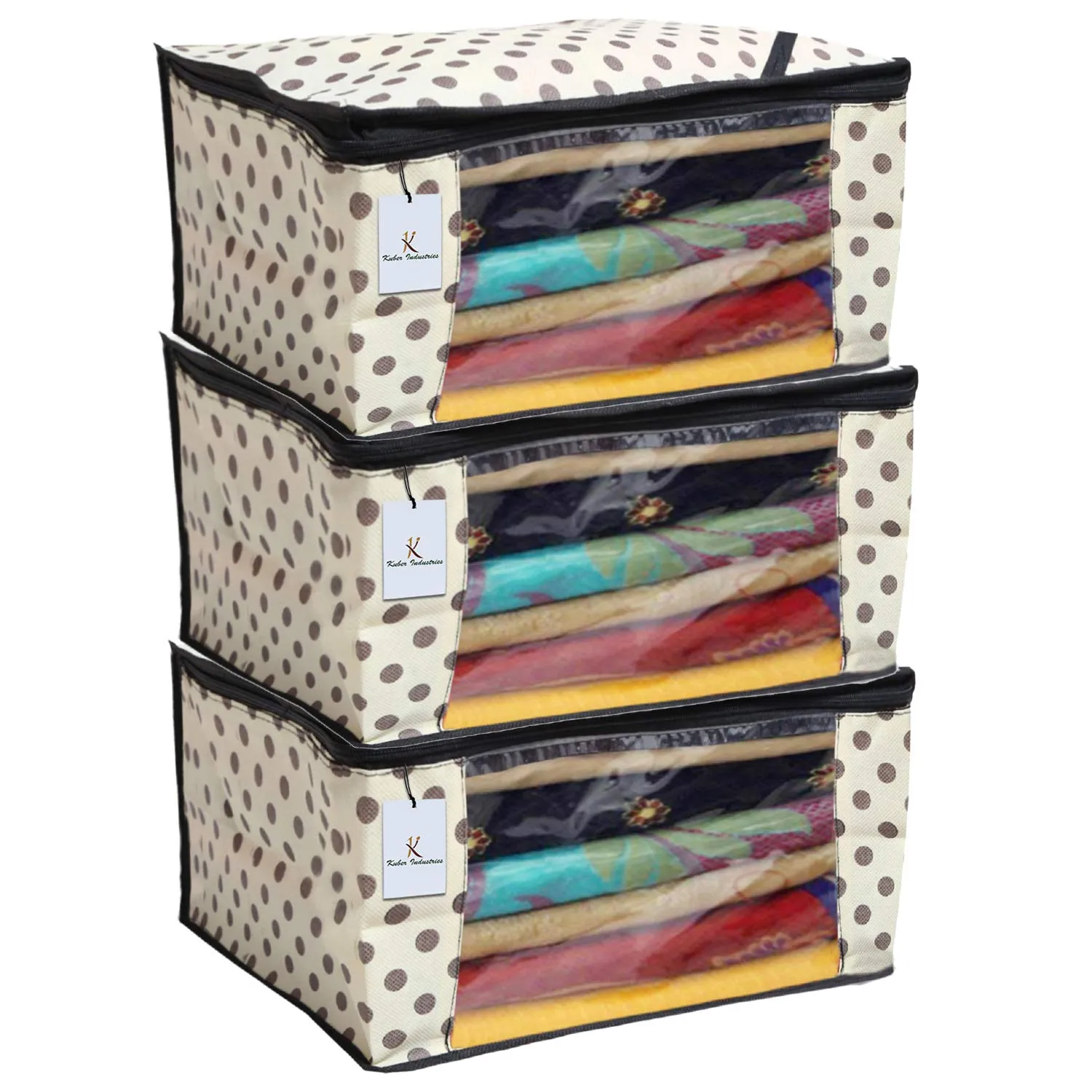 Kuber Industries Non-Woven Polka Dots Saree Cover/Regular Cloth Bag/Wardrobe Organizer Set Of 3 Pcs (Ivory)