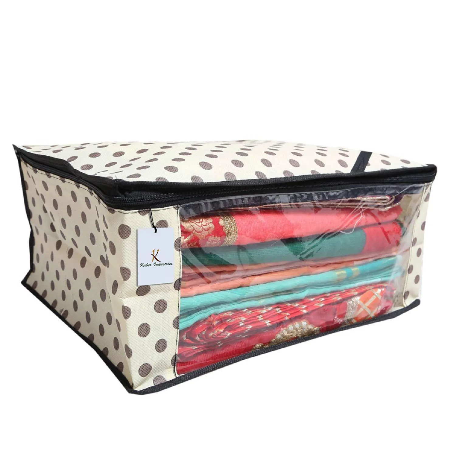 Kuber Industries Non-Woven Polka Dots Saree Cover/Regular Cloth Bag/Wardrobe Organizer Set Of 3 Pcs (Ivory)