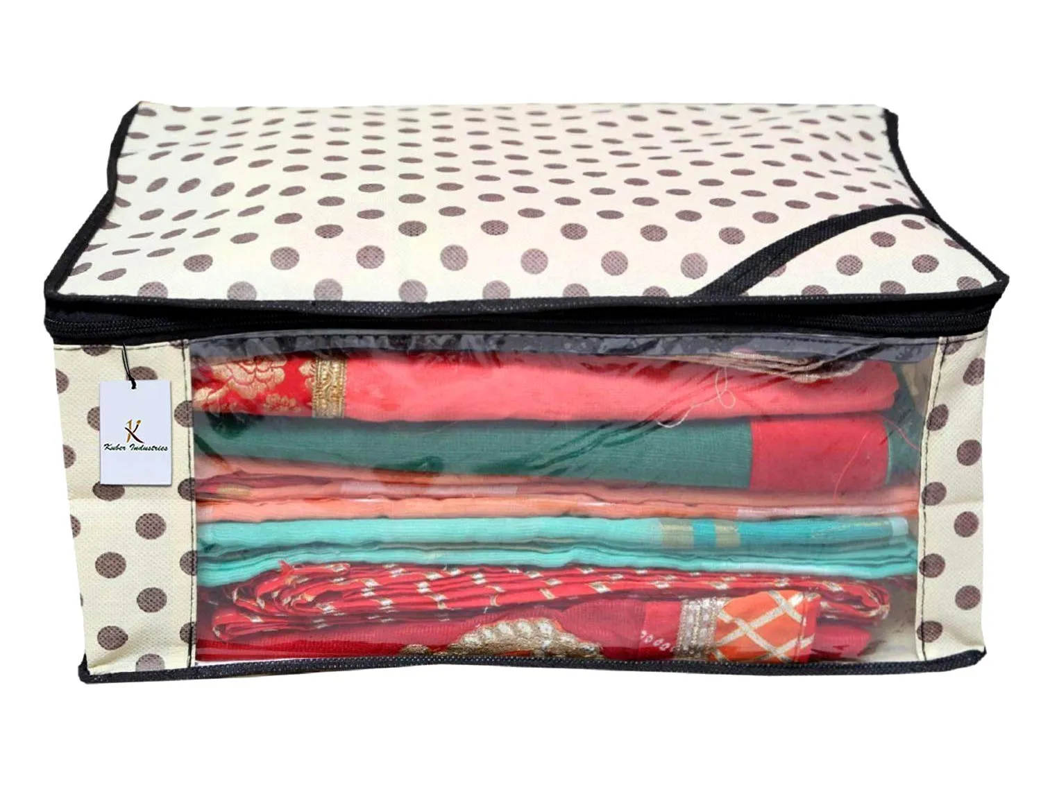 Kuber Industries Polka Dots Printed Non Woven 2 Pieces Saree Cover and 2 Pieces Underbed Storage Bag, Cloth Organizer for Storage, Blanket Cover Combo Set (Ivory) -CTKTC038644