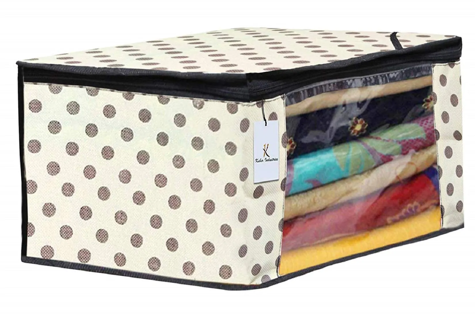 Kuber Industries Polka Dots Printed Non Woven 2 Pieces Saree Cover and 2 Pieces Underbed Storage Bag, Cloth Organizer for Storage, Blanket Cover Combo Set (Ivory) -CTKTC038644