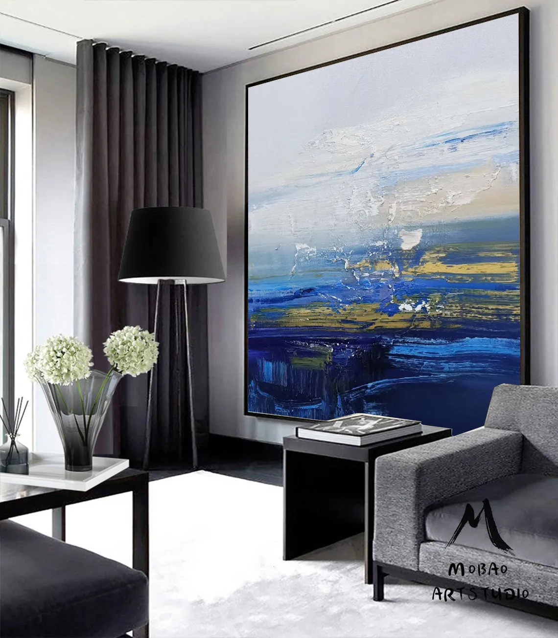 Large Blue Sea Landscape Painting Texture Blue Abstract Painting Dp082