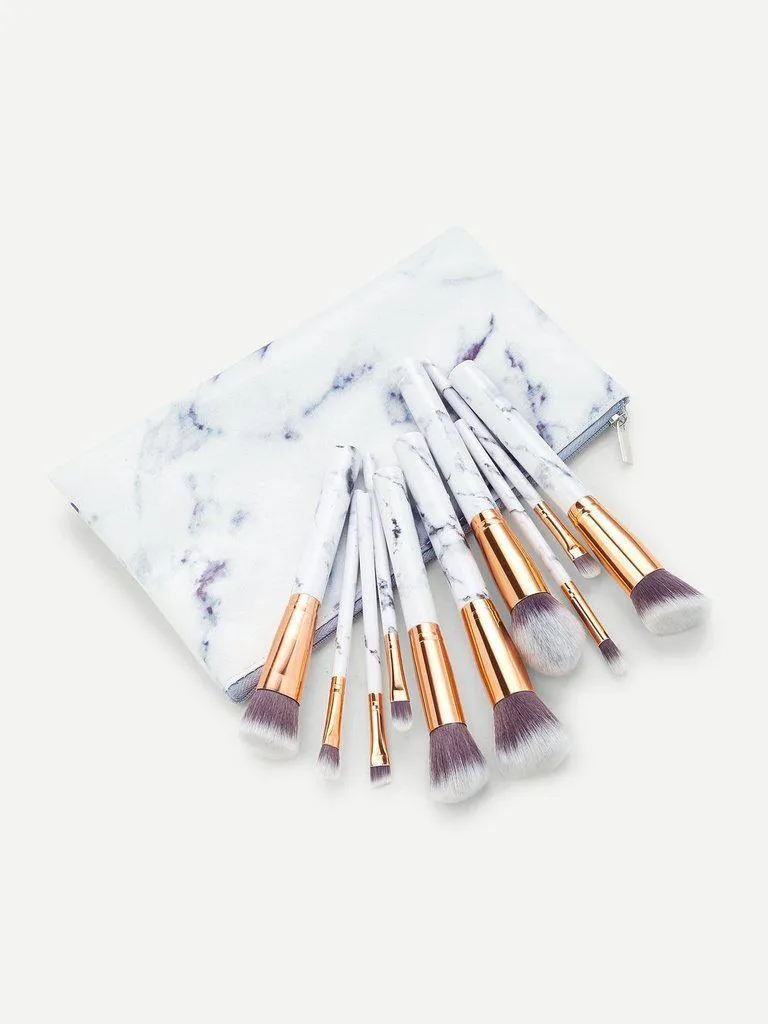 Marble Handle Makeup Brush 10pcs With Bag