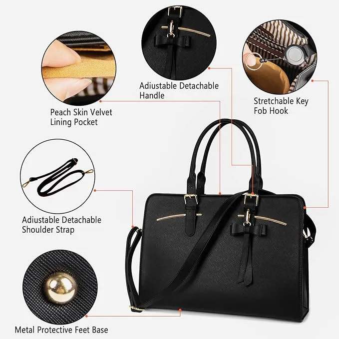 MATEIN Ladies Laptop Bags for Women Stylish, Leather Laptop Handbag with Laptop Compartment Designer Work Bag for Ladies Briefcase 15.6 Inch Laptop Tote Bags for School Satchel Bag for Office, Black