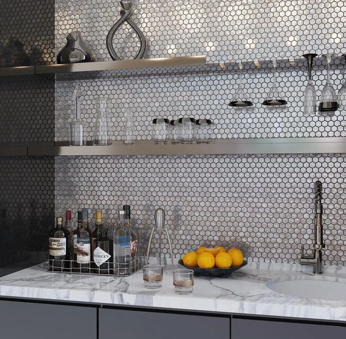 Matte Silver Hexagon Glass Mosaic Tile