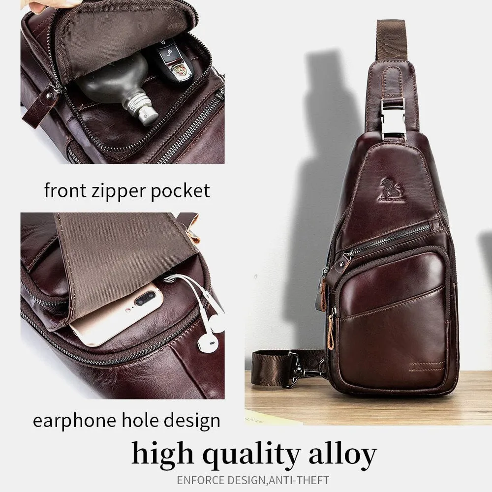 Men Genuine Leather Hasp Headphone Hole Large Capacity Vintage 6.5 Inch Phone Bag Chest Crossbody Shoulder