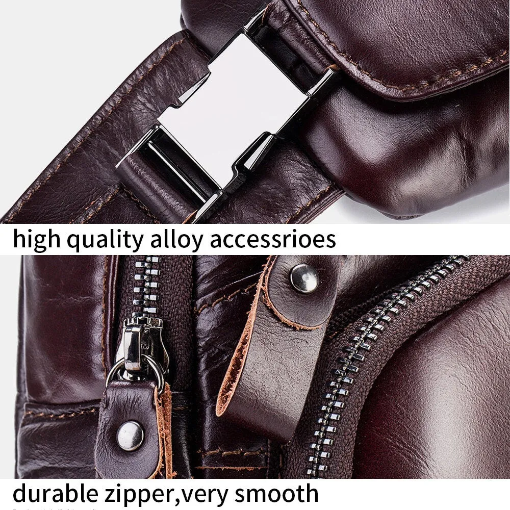 Men Genuine Leather Hasp Headphone Hole Large Capacity Vintage 6.5 Inch Phone Bag Chest Crossbody Shoulder