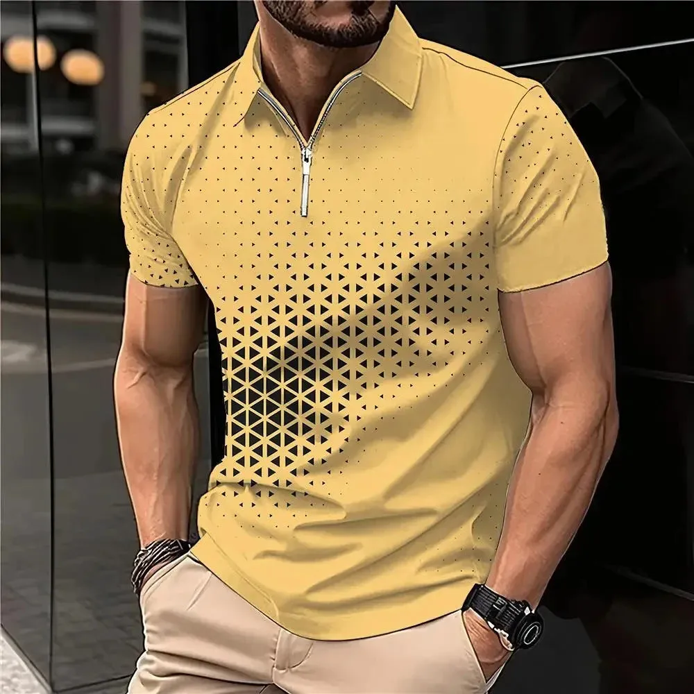 Men's Retro Fashion Plaid Pattern 3D Casual Zipper Lapel Short Sleeve