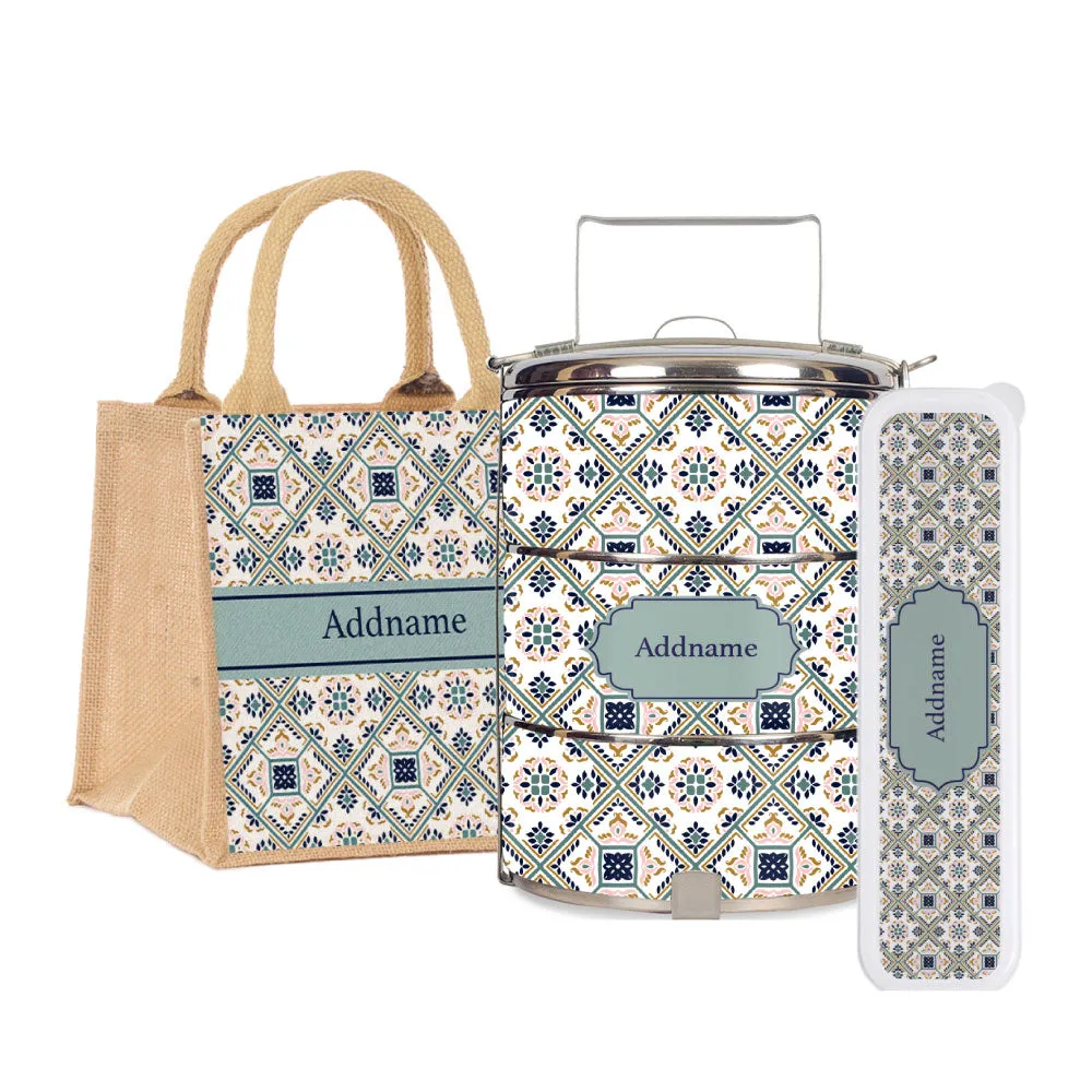 Moroccan Talavera Glaze Tiffin Carrier, Jute Tote Bag  & Cutlery Set [FREE Custom Add Name]