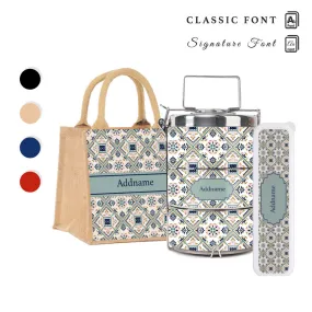 Moroccan Talavera Glaze Tiffin Carrier, Jute Tote Bag  & Cutlery Set [FREE Custom Add Name]