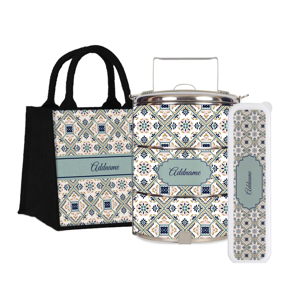 Moroccan Talavera Glaze Tiffin Carrier, Jute Tote Bag  & Cutlery Set [FREE Custom Add Name]