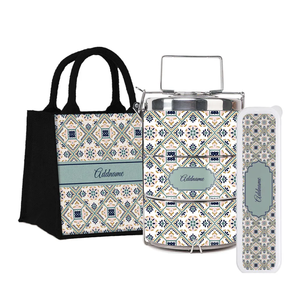 Moroccan Talavera Glaze Tiffin Carrier, Jute Tote Bag  & Cutlery Set [FREE Custom Add Name]