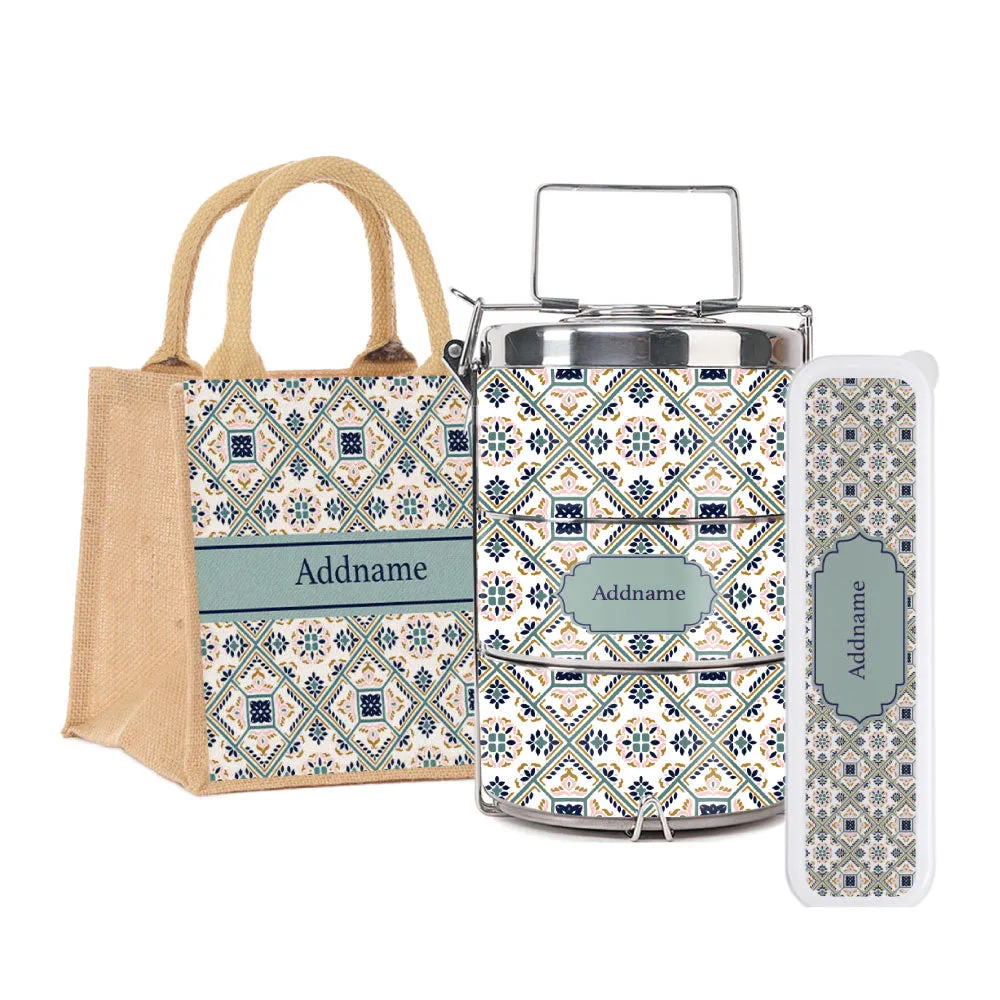 Moroccan Talavera Glaze Tiffin Carrier, Jute Tote Bag  & Cutlery Set [FREE Custom Add Name]