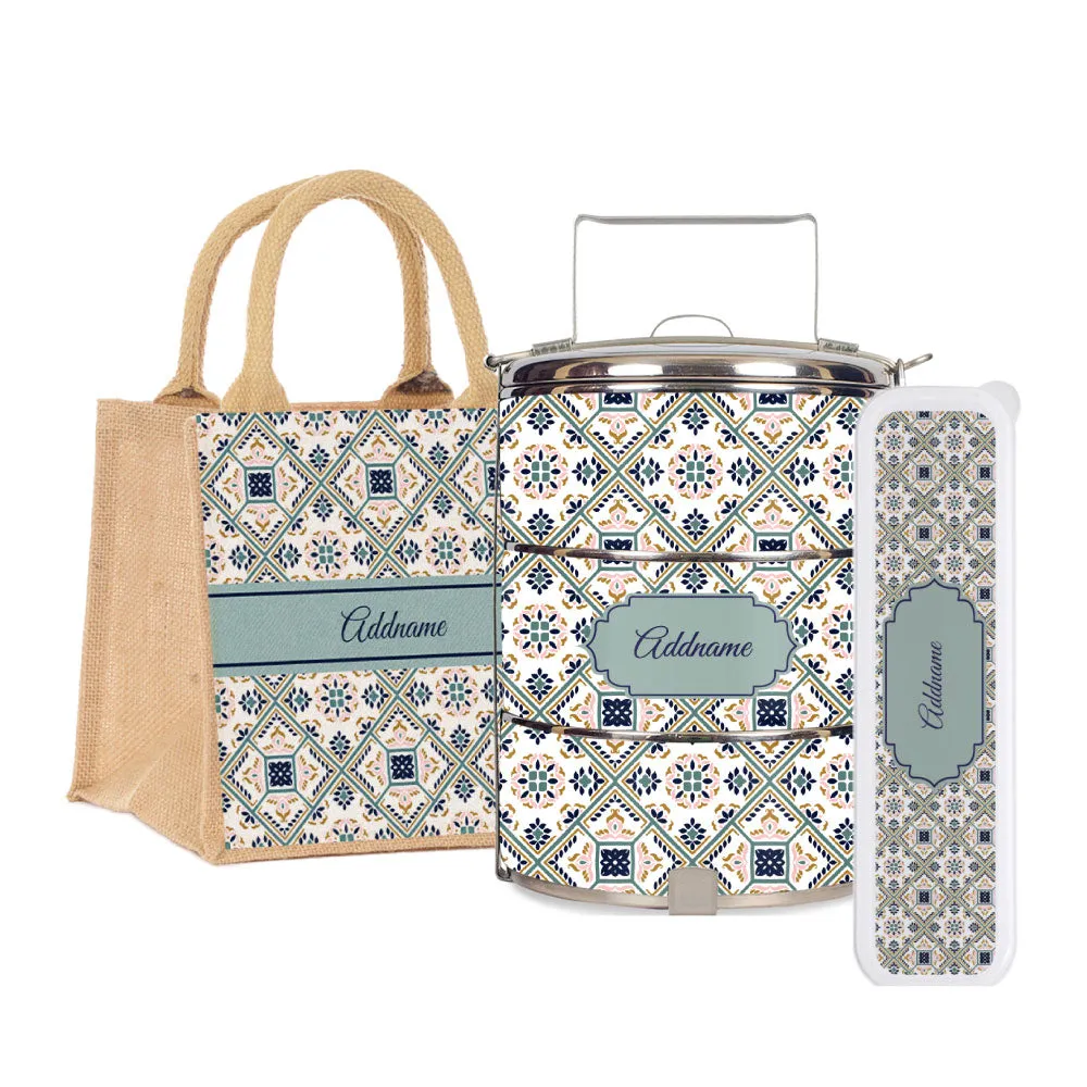 Moroccan Talavera Glaze Tiffin Carrier, Jute Tote Bag  & Cutlery Set [FREE Custom Add Name]