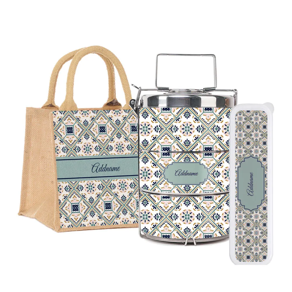 Moroccan Talavera Glaze Tiffin Carrier, Jute Tote Bag  & Cutlery Set [FREE Custom Add Name]