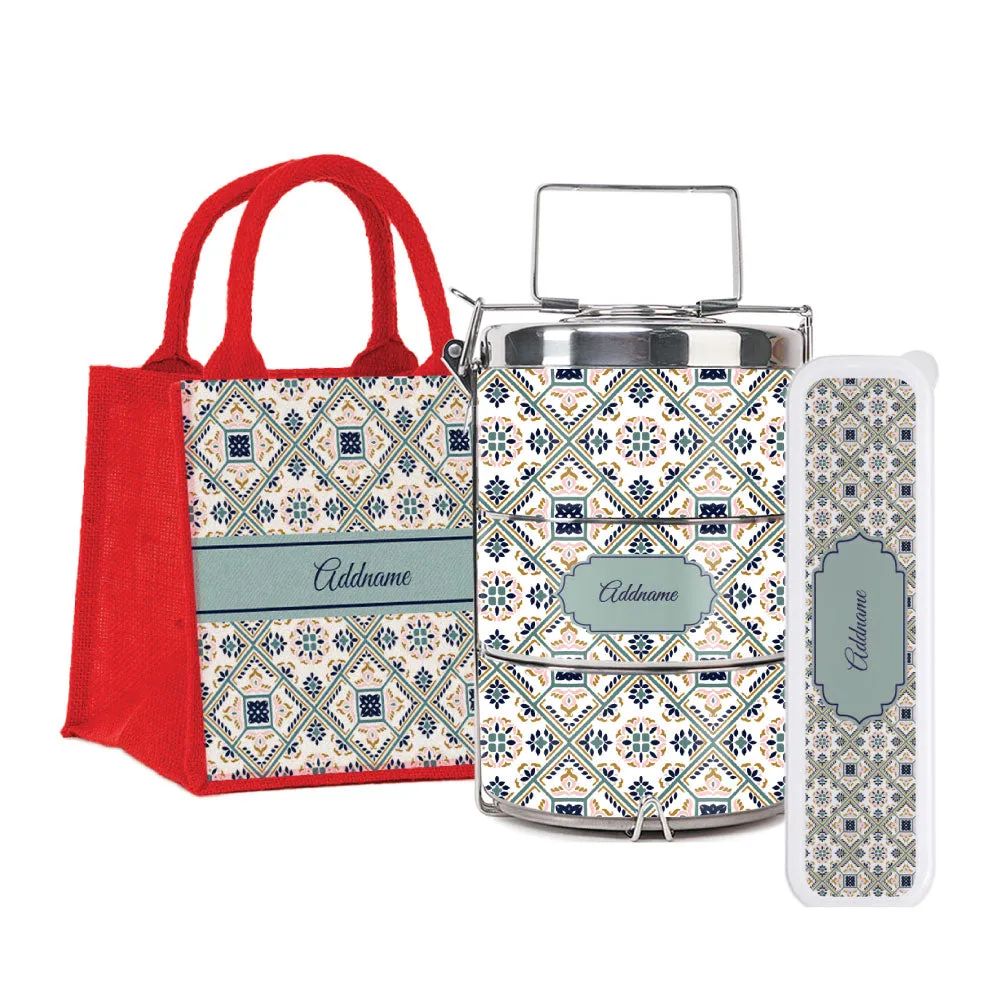 Moroccan Talavera Glaze Tiffin Carrier, Jute Tote Bag  & Cutlery Set [FREE Custom Add Name]