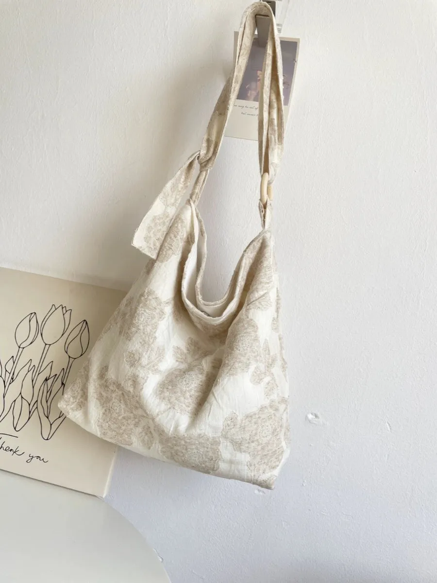 Niche Beige Cotton Linen Crossbody Bag