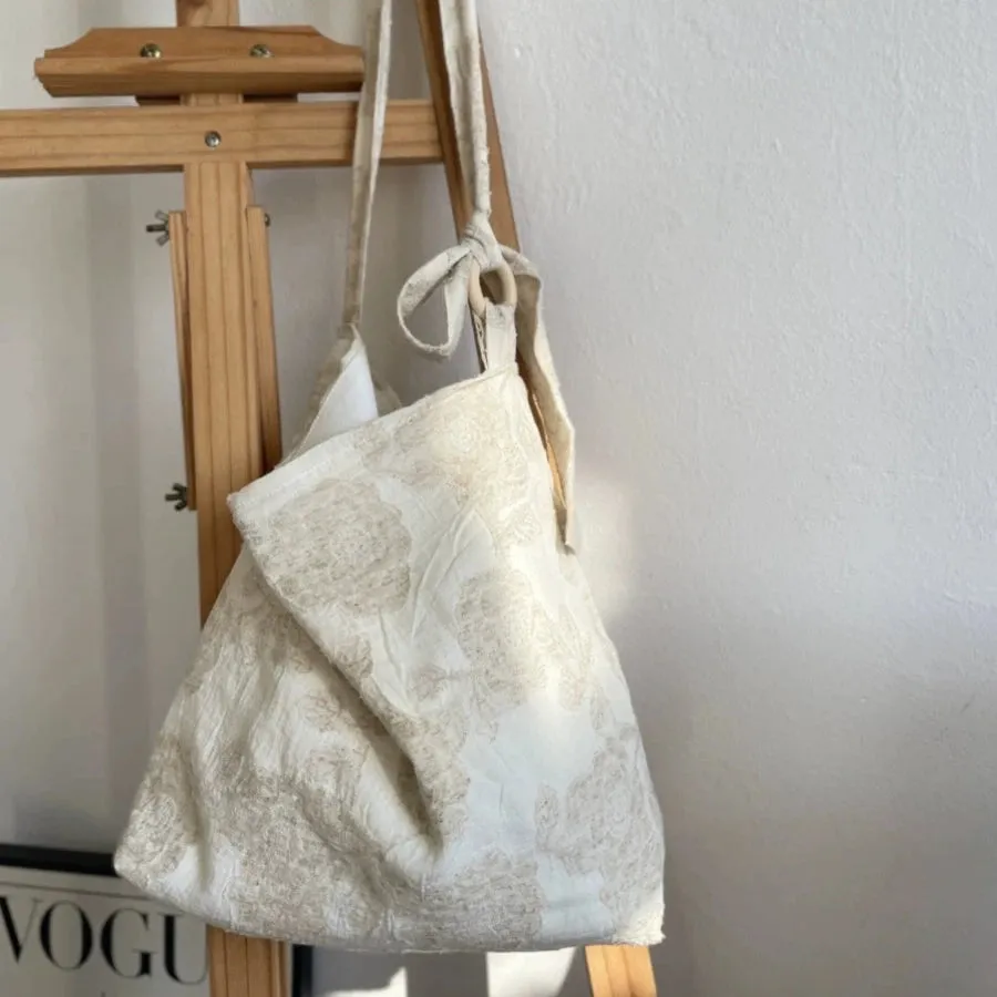 Niche Beige Cotton Linen Crossbody Bag