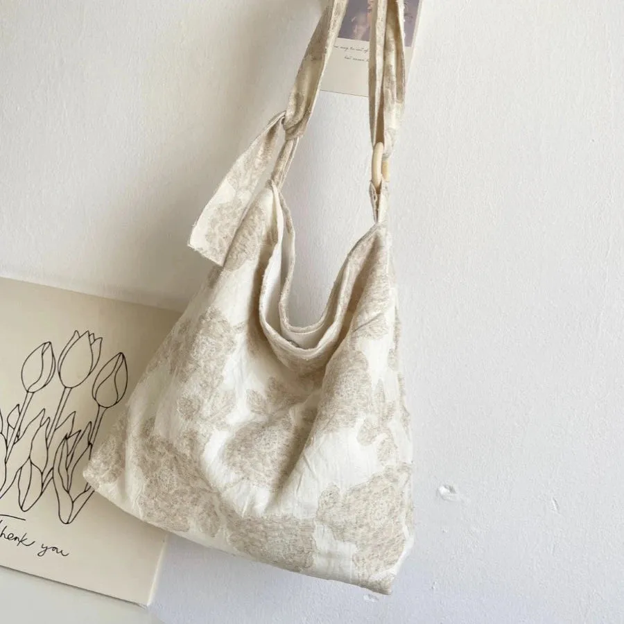 Niche Beige Cotton Linen Crossbody Bag