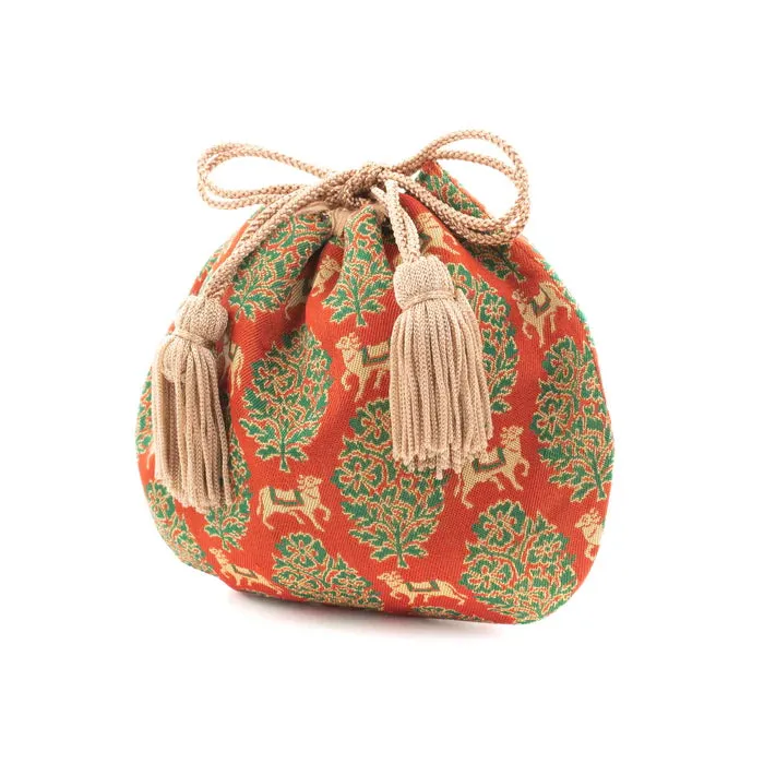 Nishijin-ori Small Drawstring Bag - Bull / Red -,  Made in Kyoto, Japan,  Japanese traditional craft purse