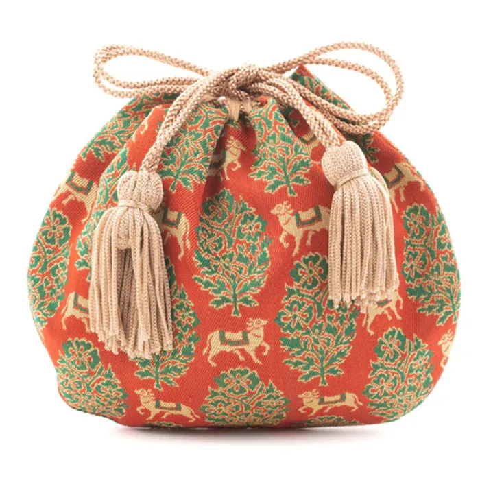 Nishijin-ori Small Drawstring Bag - Bull / Red -,  Made in Kyoto, Japan,  Japanese traditional craft purse