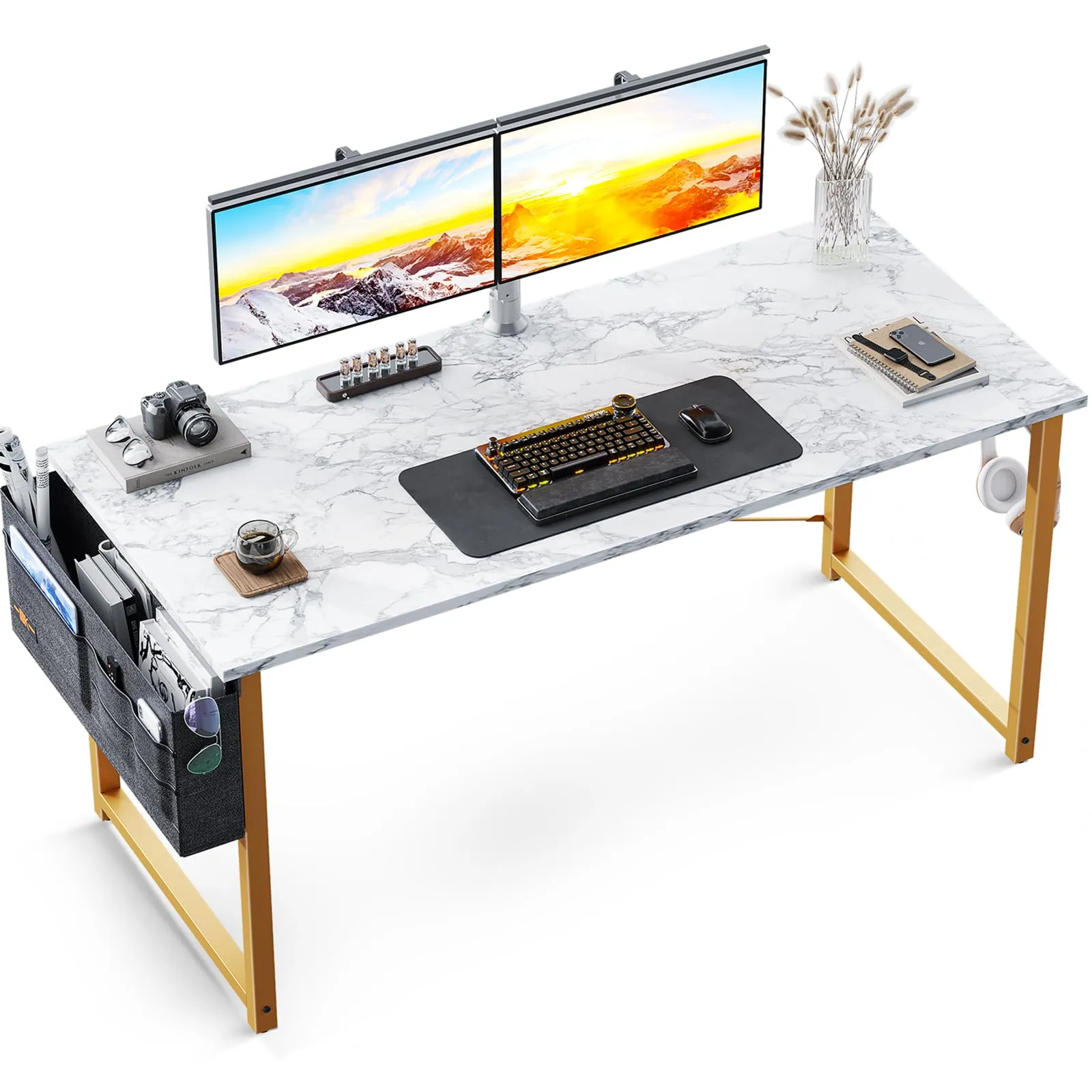 ODK 48 inch Computer Desk, Writing Desk Home Office Desk PC Study Table, Work Desk with Storage Bag and Headphone Hook, White Marble   Gold Leg