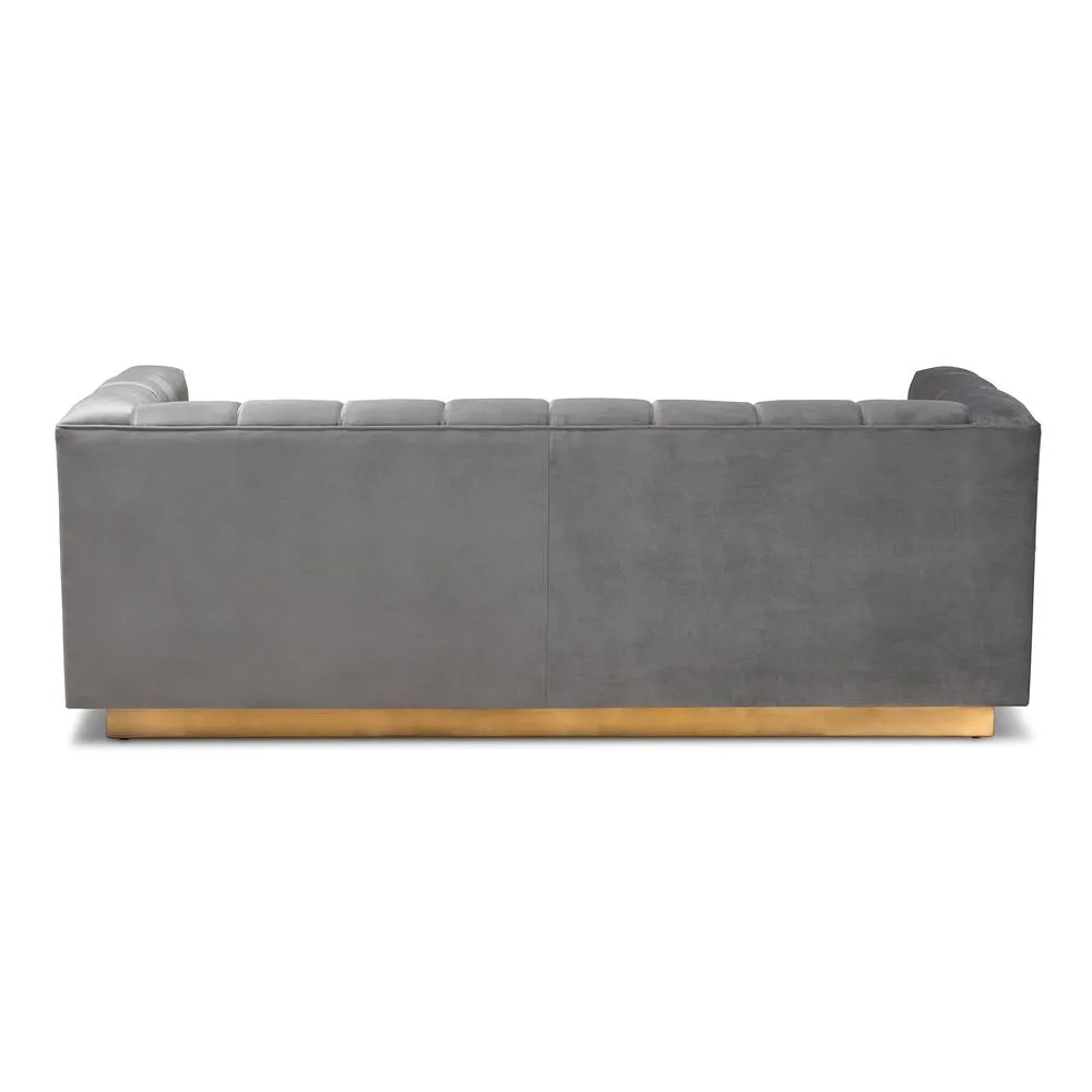 Opulent Luxe Grey Velvet Fabric Upholstered Brushed Gold Finished Sofa