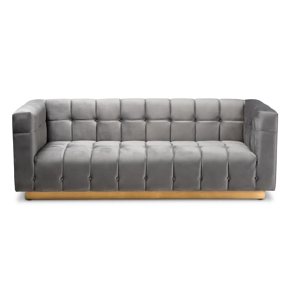 Opulent Luxe Grey Velvet Fabric Upholstered Brushed Gold Finished Sofa