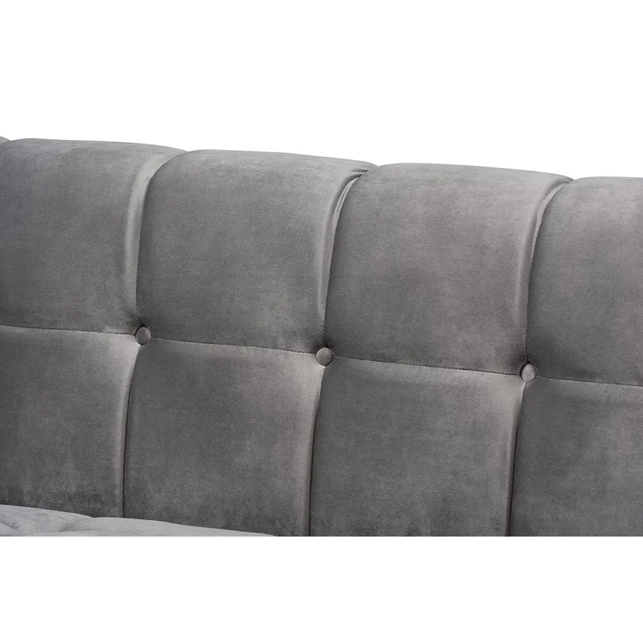 Opulent Luxe Grey Velvet Fabric Upholstered Brushed Gold Finished Sofa