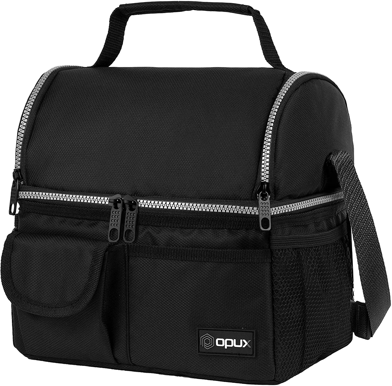 OPUX Insulated Dual Compartment Lunch Bag for Men, Women | Double Deck Reusable Lunch Pail Cooler Bag with Shoulder Strap, Soft Leakproof Liner | Large Lunch Box Tote for Work, School (Black)