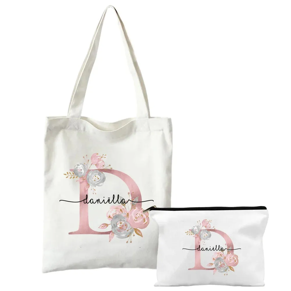 Personalized Shoulder Bag Makeup Bag Set Initial with Name Bridesmaid Bags Bachelorette Party Toiletry Pouch Bridal Shower Gift