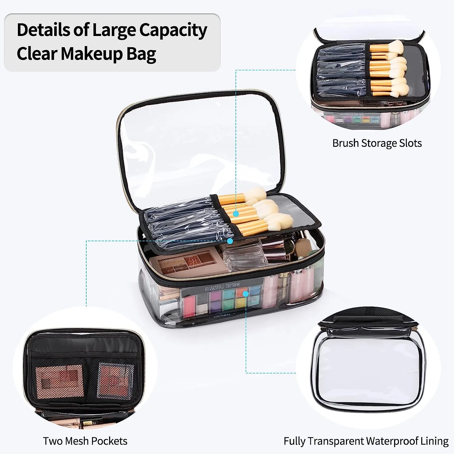 Portable Clear Large Makeup Bag with Divider Makeup Brush Compartment