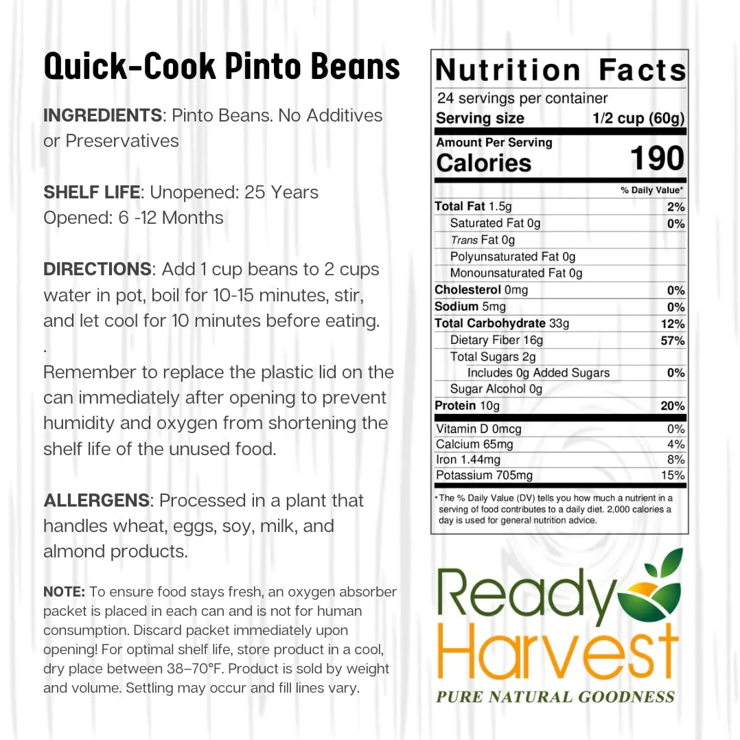 Ready Harvest Dehydrated Whole Food Pinto Beans - 25 Year Shelf Life - #10 Can