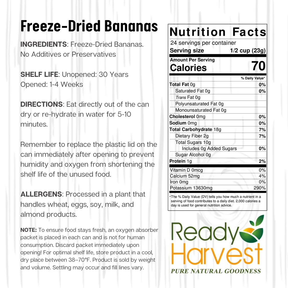 Ready Harvest Freeze-Dried Whole Food Bananas - 30 Year Shelf Life - Six #10 Cans