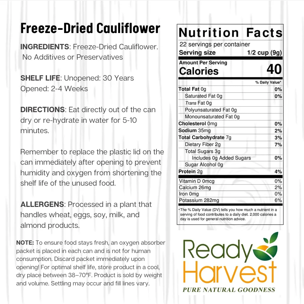 Ready Harvest Freeze-Dried Whole Food Cauliflower - 30 Year Shelf Life - #10 Can