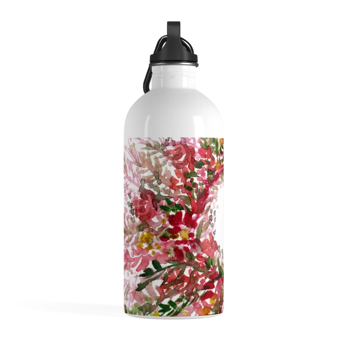 Red Floral Water Bottle, Flower Print Stainless Steel 14 oz. Designer Bottle - Printed in the USA