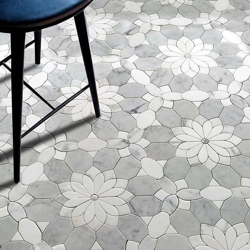 Santorini Gray & White Floral Marble Mosaic Tile