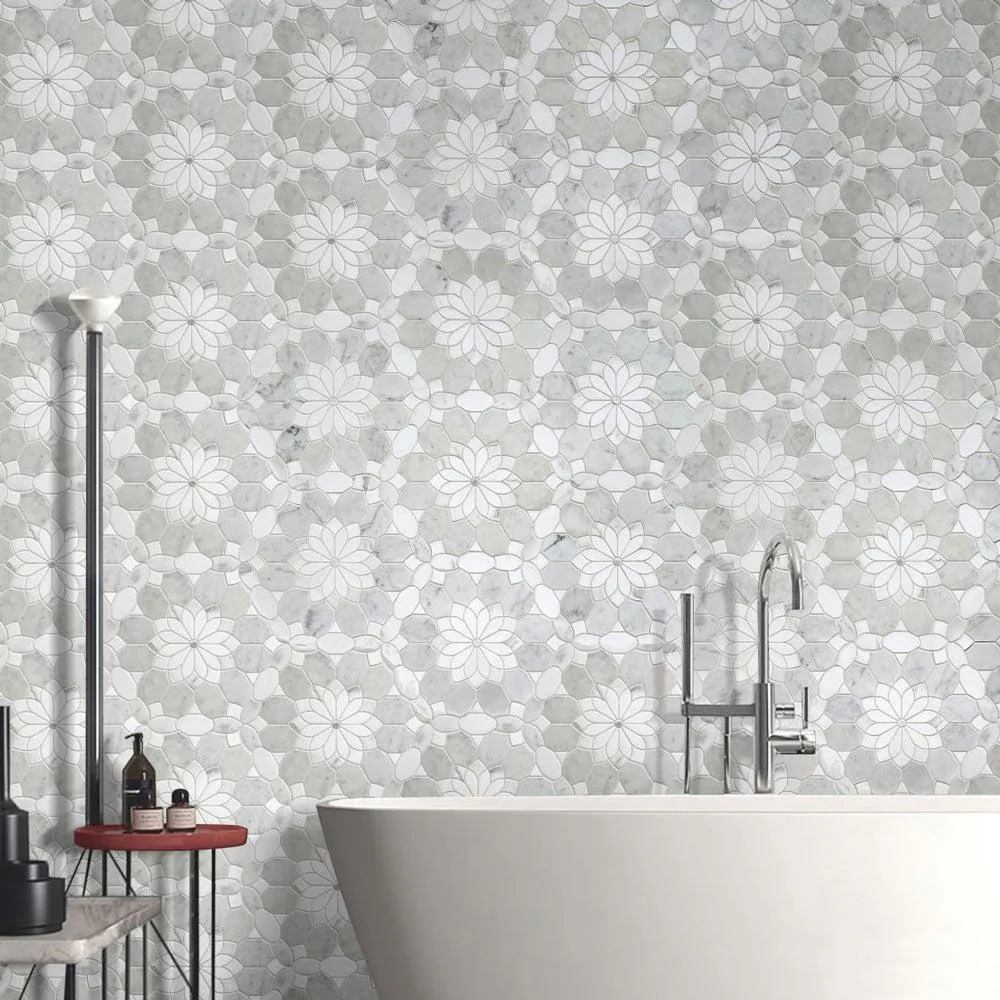 Santorini Gray & White Floral Marble Mosaic Tile